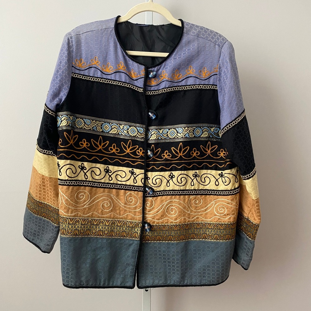 Cotton Boho Lagenlook Embroidered Quilted Artistic Jacket XL Multi